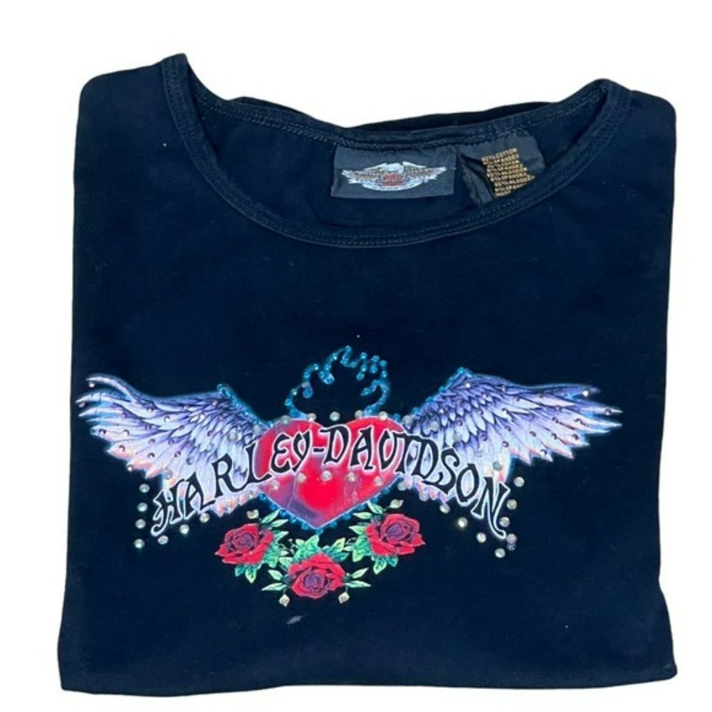 Harley Davidson Black Angel Heart Floral With Rhinestones Graphic Shirt Size XL - Picture 8 of 8